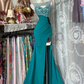 Green sleeveless fitted waist slim-fitting long ball gown with slit R7589