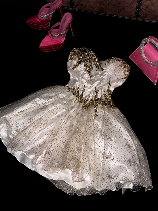 White strapless, fitted A-line princess short ball gown R7035