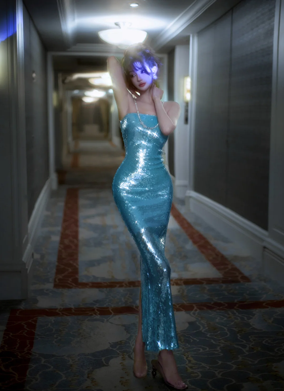 Light blue strapless sequined fitted waist bodycon sexy ball gown R7076