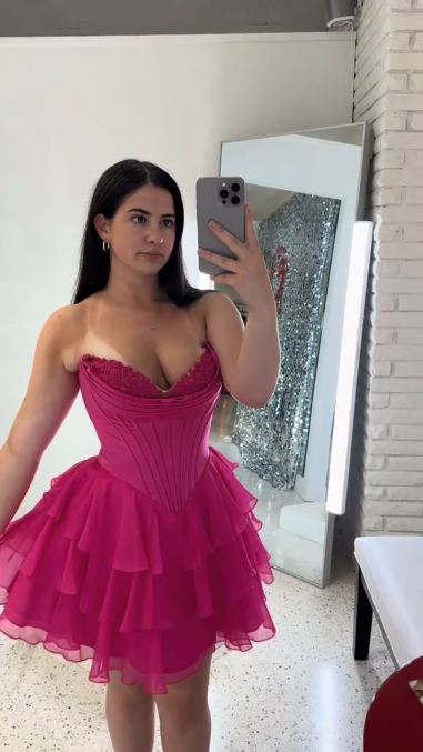 Rose red tube top waist slim cake skirt short skirt homecoming dress R5486