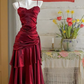 Red suspender satin waist slim pleated long skirt, ball gown R6238