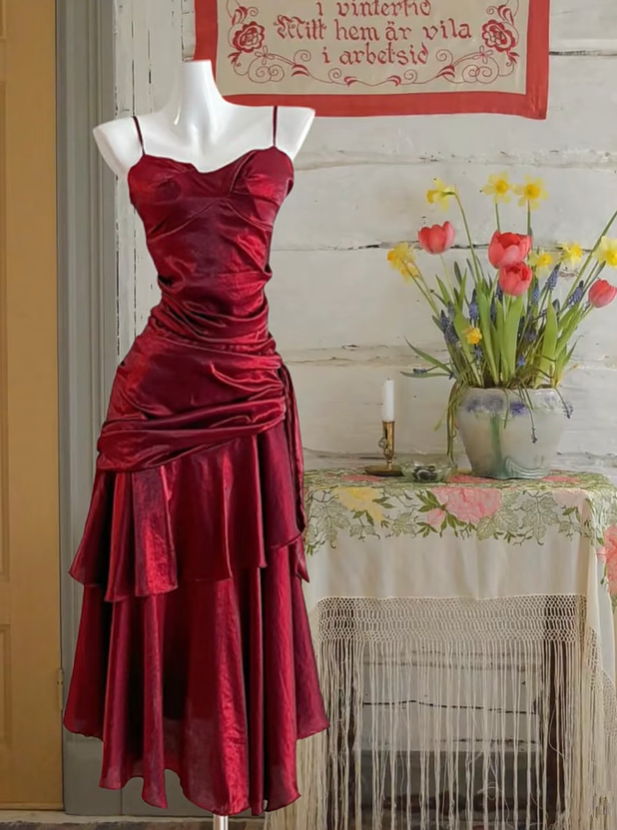 Red suspender satin waist slim pleated long skirt, ball gown R6238