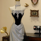 Silver-neck black bodice waist-cinching silver skirt sexy and elegant prom dress R7943
