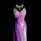 Light purple halter-neck, fitted waist, embroidered floral pattern, bodycon long ball gown R6677