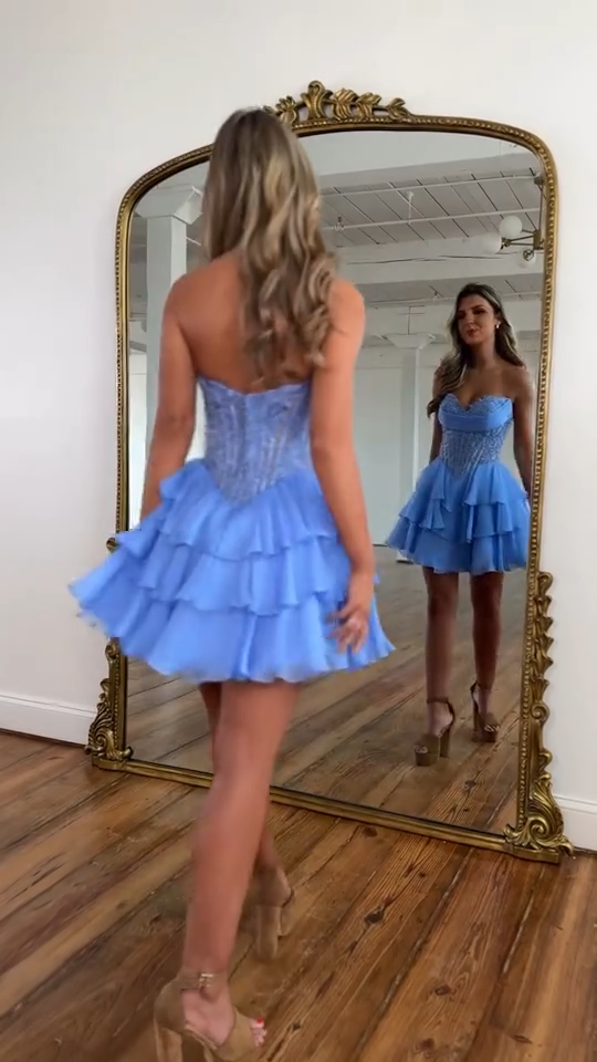 Blue tube top waist fishbone sexy short skirt homecoming dress R5565