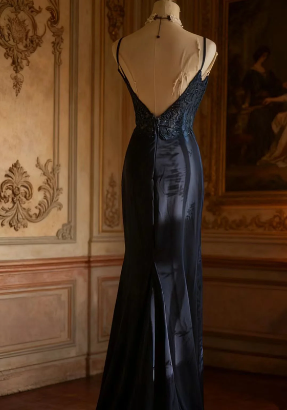 Navy blue halter-neck fitted waist bodycon sexy long ball gown R6717