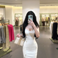 White halter-neck fitted bodycon midi ball gown R7783