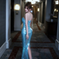 Light blue strapless sequined fitted waist bodycon sexy ball gown R7076