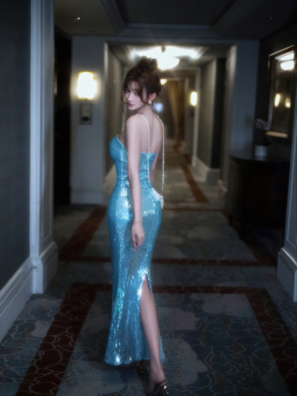 Light blue strapless sequined fitted waist bodycon sexy ball gown R7076