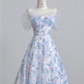Light blue floral print fitted A-line skirt elegant ball gown, bridal dress R8221