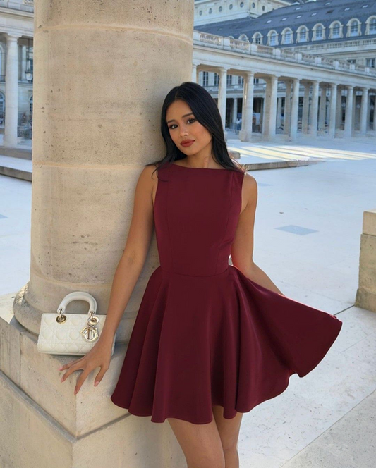 Dark red sleeveless slim waist A-line short skirt homecoming dress R5526