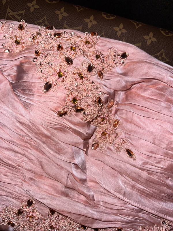 Pink strapless fitted satin long ball gown R6875