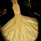 Gold strapless beaded fitted long ball gown R6956