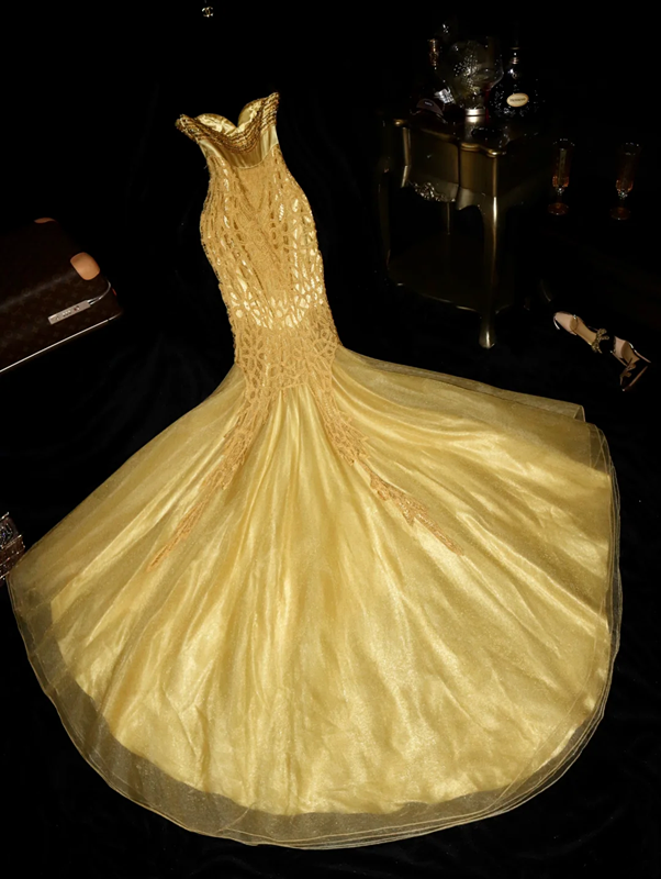Gold strapless beaded fitted long ball gown R6956
