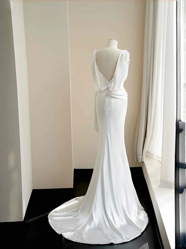 White suspenders elegant classic hip-wrapped long skirt, prom dress R5682