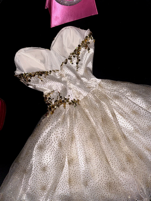 White strapless, fitted A-line princess short ball gown R7035