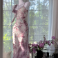 Light purple floral print halter-neck fitted bodycon long ball gown R7632