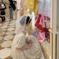 Light apricot square-neck lace puff-sleeve long elegant prom dress R7982