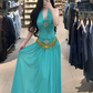 Lake blue halter neck sexy fitted waist long ball gown R7903