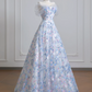Light blue floral print fitted A-line skirt elegant ball gown, bridal dress R8221