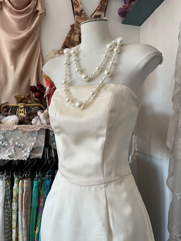 Ivory white strapless satin mini dress, fitted waist, prom dress R6277