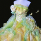 Yellow-green strapless, fitted waist, puffy cake skirt, long ball gown R8700