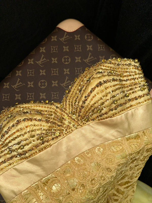 Gold strapless beaded fitted long ball gown R6956