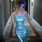 Light blue strapless sequined fitted waist bodycon sexy ball gown R7076