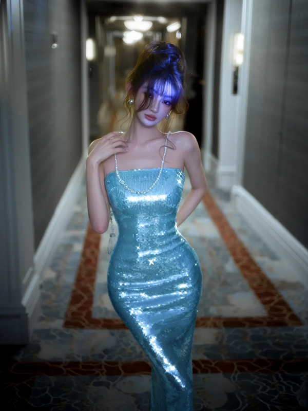 Light blue strapless sequined fitted waist bodycon sexy ball gown R7076