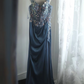 Retro light blue sequined halter-neck fitted long ball gown R6756