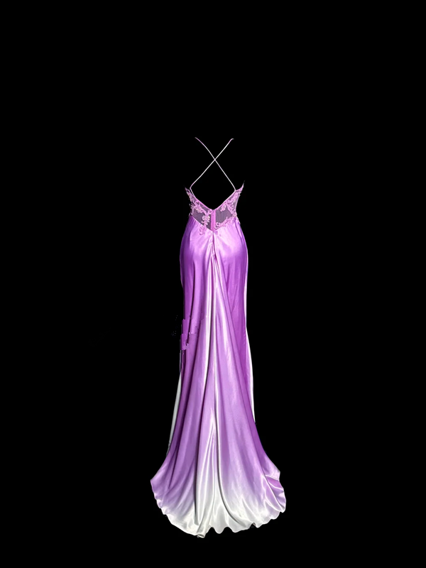 Light purple halter-neck, fitted waist, embroidered floral pattern, bodycon long ball gown R6677