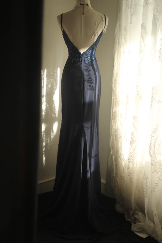 Navy blue halter-neck fitted waist bodycon sexy long ball gown R6717