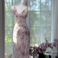 Light purple floral print halter-neck fitted bodycon long ball gown R7632