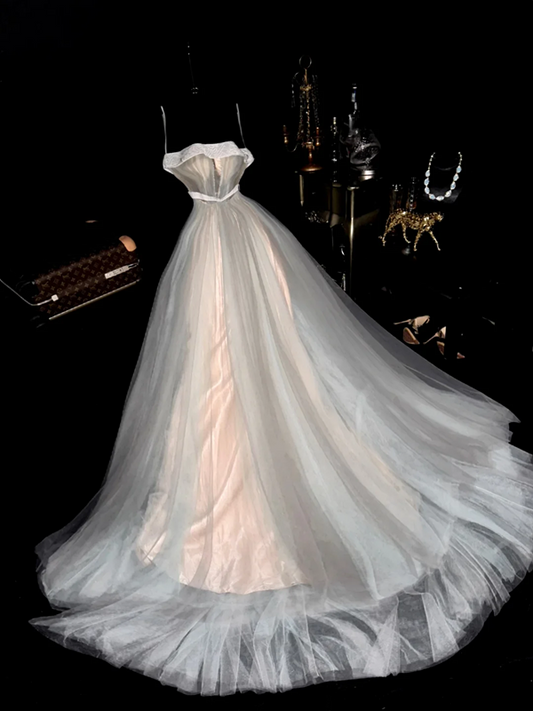 Champagne-colored satin halter-neck fitted long ball gown R6916