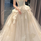 Apricot Tube Top Fitted-Waist Slim-Fit Puffy Hem Long Bridal Gown R5916