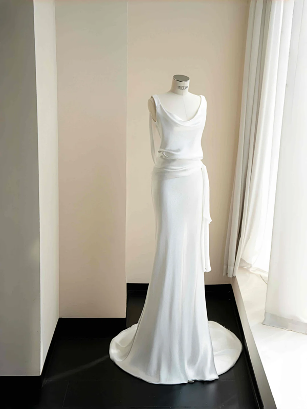 White suspenders elegant classic hip-wrapped long skirt, prom dress R5682