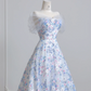Light blue floral print fitted A-line skirt elegant ball gown, bridal dress R8221