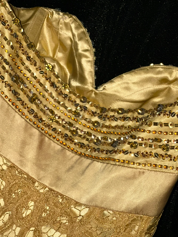 Gold strapless beaded fitted long ball gown R6956