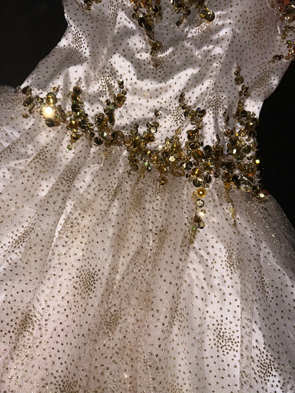 White strapless, fitted A-line princess short ball gown R7035