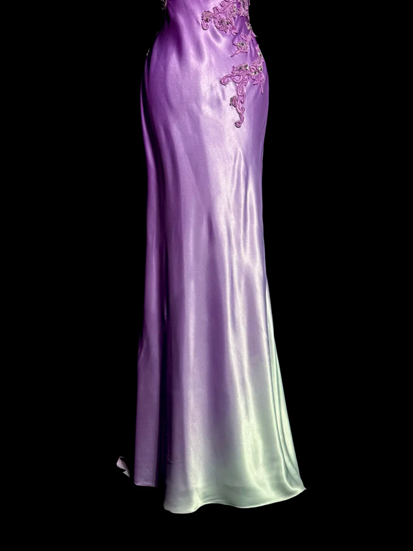 Light purple halter-neck, fitted waist, embroidered floral pattern, bodycon long ball gown R6677