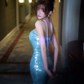 Light blue strapless sequined fitted waist bodycon sexy ball gown R7076
