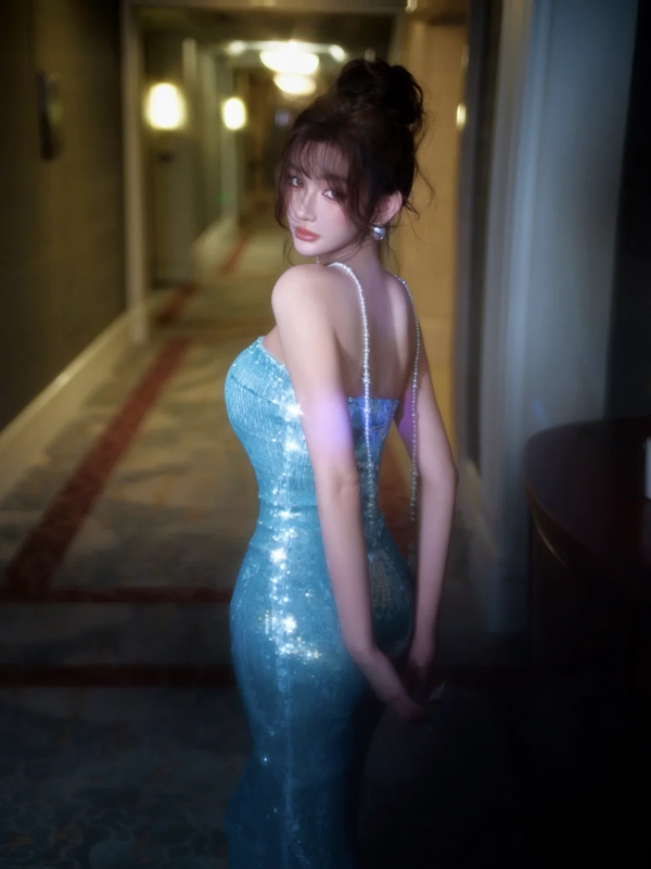 Light blue strapless sequined fitted waist bodycon sexy ball gown R7076