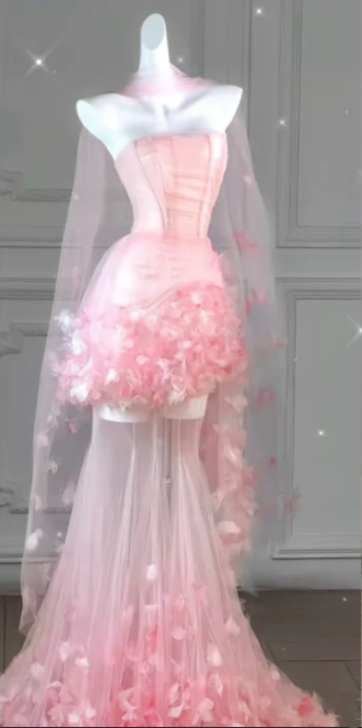 Pink strapless fairy patchwork floral tulip skirt long ball gown R6435