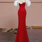 Red long dress with white off-the-shoulder neckline, fitted waist, and a flared skirt; a ball gown R6477