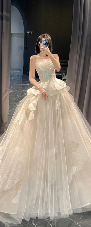 Apricot Tube Top Fitted-Waist Slim-Fit Puffy Hem Long Bridal Gown R5916