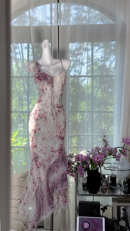 Light purple floral print halter-neck fitted bodycon long ball gown R7632