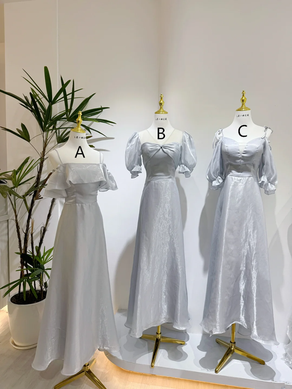 Gray satin waist-cinched, slim-fit ball gown, bridesmaid dress R5958