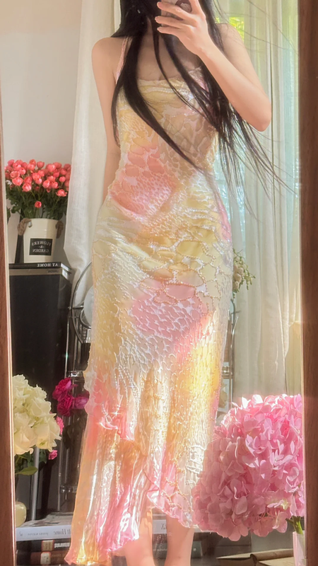 Pastel halter-neck fitted long ball gown for a sweet and girly look R7751