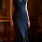 Navy blue halter-neck fitted waist bodycon sexy long ball gown R6717