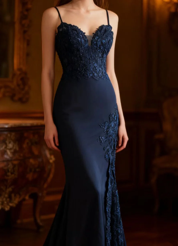 Navy blue halter-neck fitted waist bodycon sexy long ball gown R6717